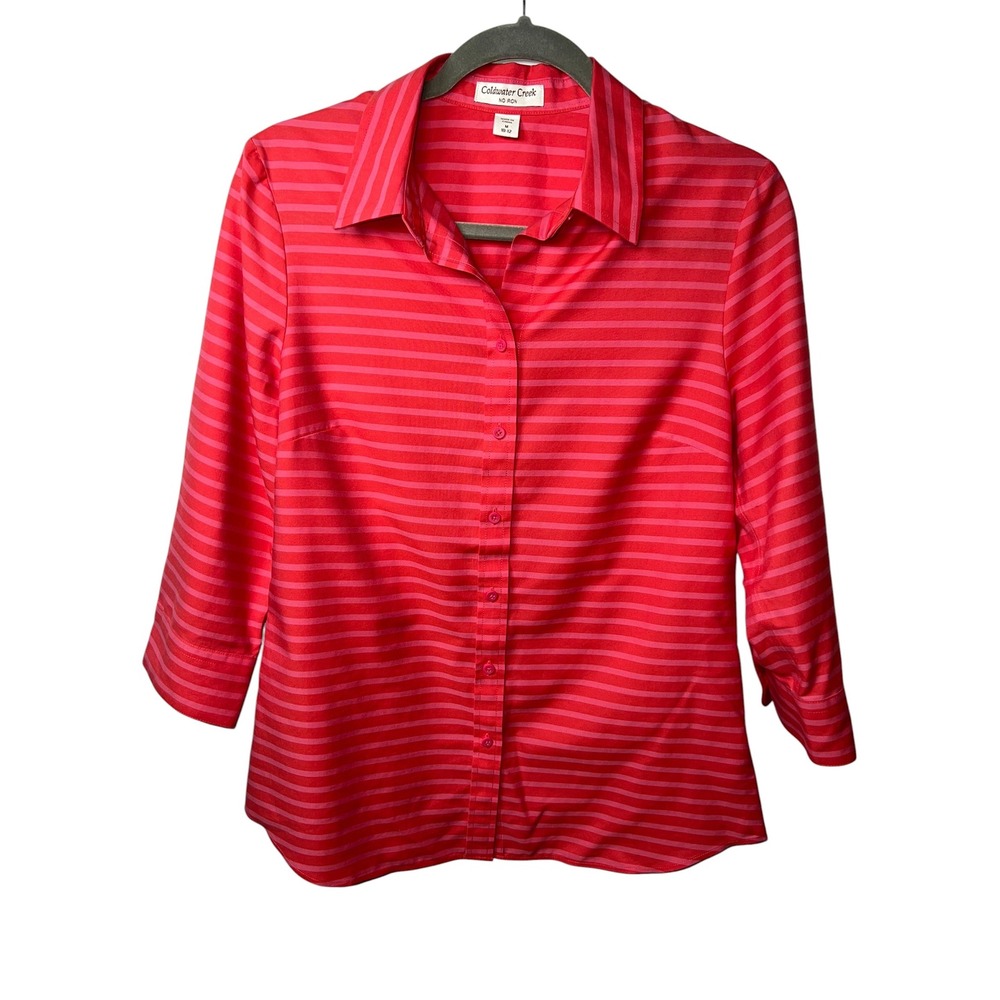 Coldwater Creek Striped Preppy Vibrant Shirt Red Pink No Iron Professional M